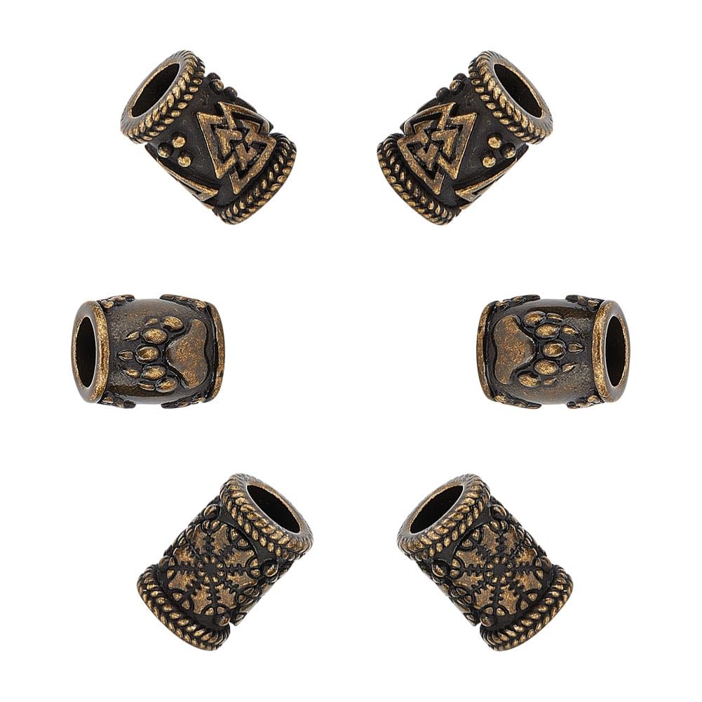 UNICRAFTALE 6Pcs 3 Styles Paracord Bead Stainless Steel European Beads Large Hole Beads Spacer Beads Column Beads with Bear Paw Print Helm of Awe Valknut Metal Beads for Jewelry Making