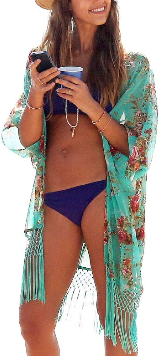 Yusongirl Yuson Girl Sunscrees Sarong Swim Beach Cover Up Chiffon Kimono Loose Tops, Cardigan for Bikini, Womens Swimwear Beachwear Beach Dress, One Size, Green