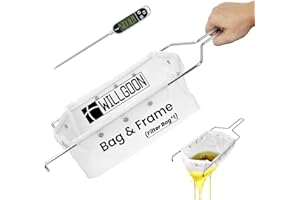 WILLGOON Fryer Filter Bag & Frame Set, Reusable Oil Strainer for 70 lb Cooking Oil, Fine Mesh to Capture Crumbs, Durable for Home & Commercial Use, with 1 Professional Food Thermometer