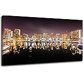 Canvas Wall Art Decor Long exposure Honolulu Waikiki skyline Print Pictures Poster Artwork Framed Paintings for Living Room L