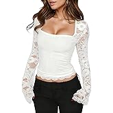 Lace Square Neck Tops for Women, Long Sleeve Lace Trim Floral See Through Top Y2K Going Out Crop Blouse