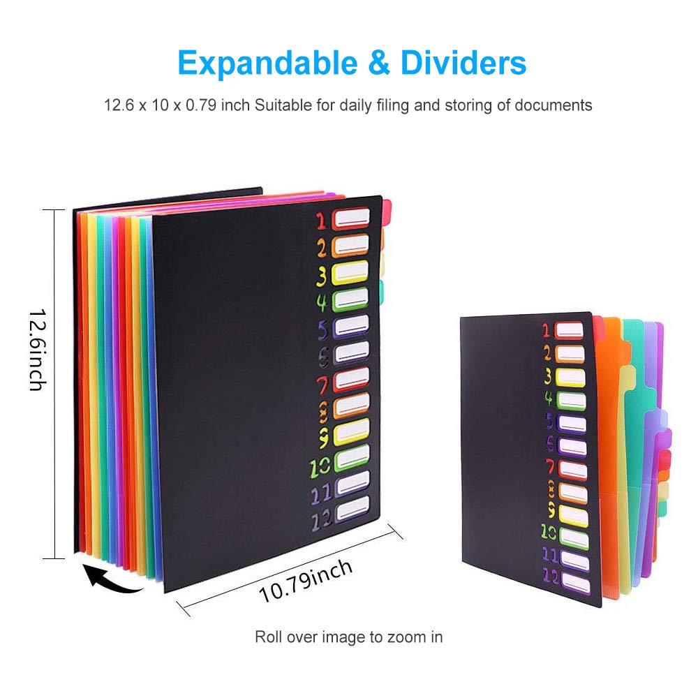 File Racks Expanding File Organiser with Lid A4 Plastic Document Wallet Folder for Home or Office Documents Folders with 12 Pages Colours Popper Wallet