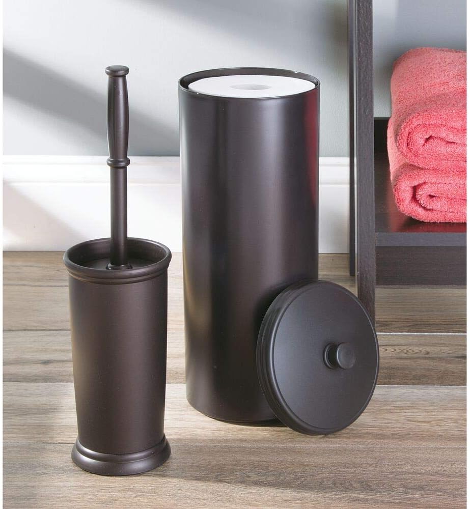 mDesign Modern Plastic Bathroom Storage and Cleaning Accessory Set - Includes Bowl Brush, 3-Roll Toilet Paper Canister with Lid, Wastebasket Trash Can/Garbage Bin - 3 Pieces - Bronze: Home & Kitchen