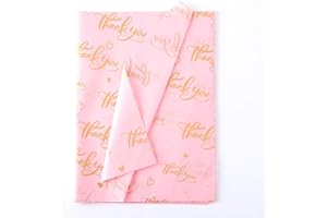 TINYFUTURE 100 Sheet Thankyou Gift Wrapping Tissue Paper 14”x20” Recyclable Pink with Metallic Gold Packaging Bag for Wedding Birthday Showers Art Craft Party Favor Decoration