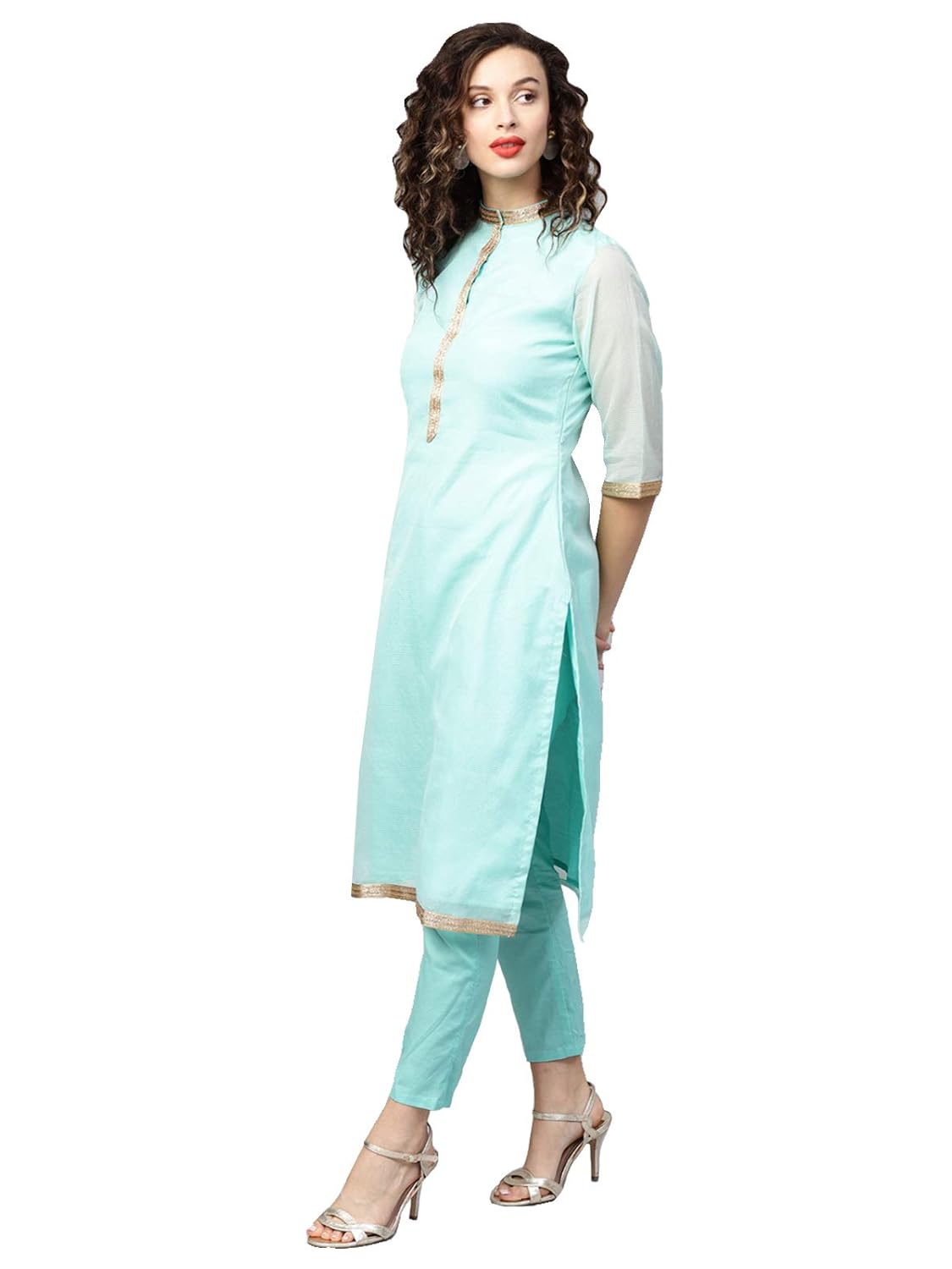 inddus blue cotton kota-checks party wear suit set with dupatta
