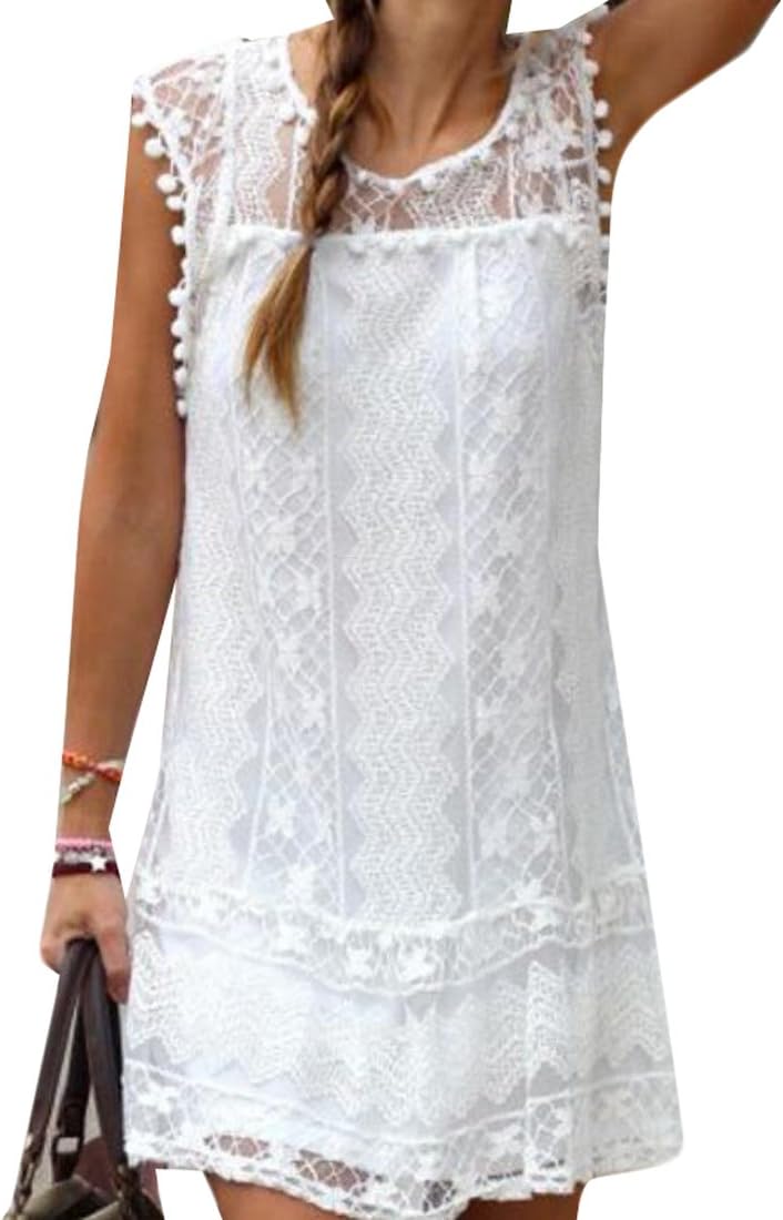 Fensajomon Womens Elegant Lace Crochet Sleeveless Flower Crochet Dress White XS