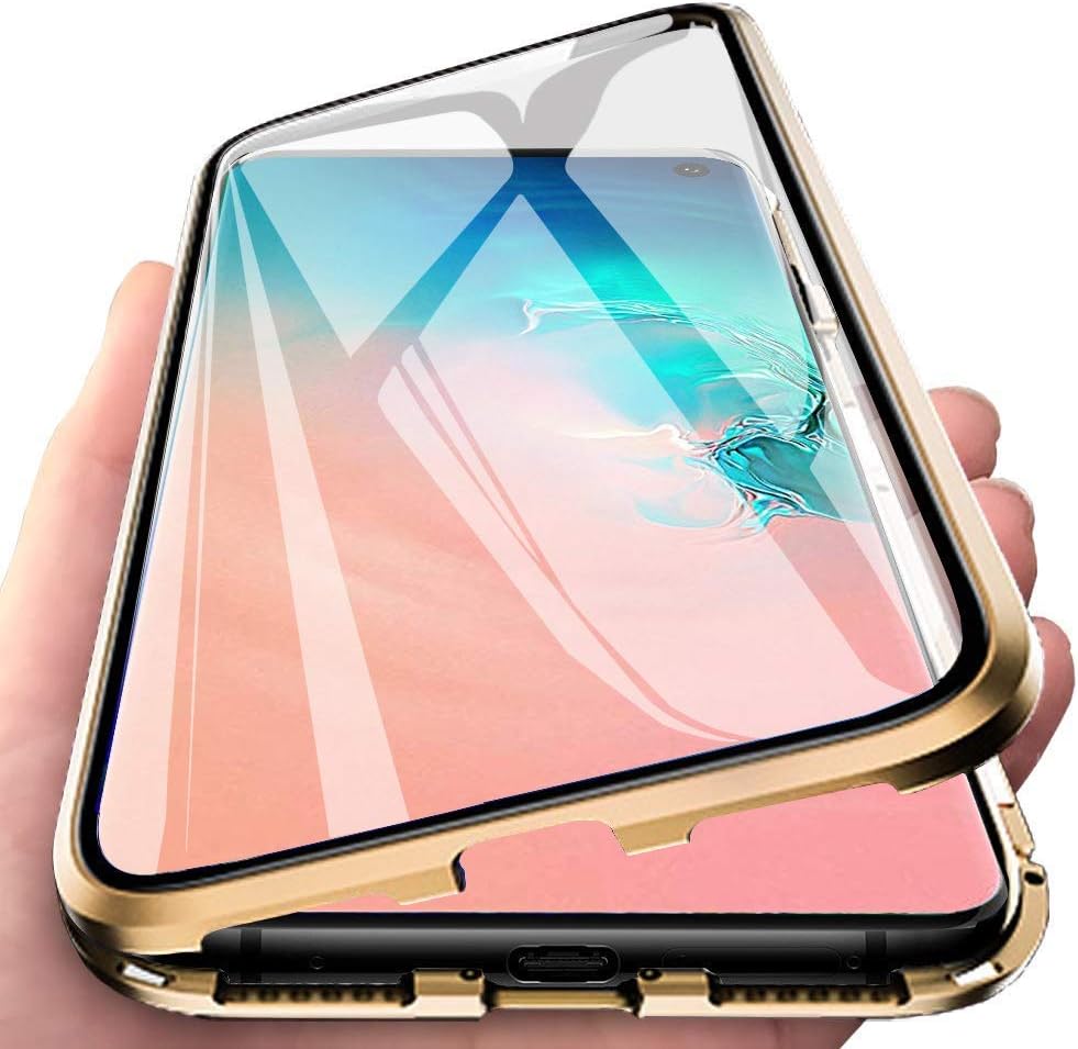 AIsoar Compatible for Galaxy A50 Magnetic Adsorption Double Side Tempered Glass Case,Ultra-Thin Magnetic Metal Frame Full Body Protection Cover Support Wireless Charging (Gold)