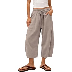 XVKYPLH Capri Barrel Pants for Women Casual High Waisted Summer Wide Leg Pant with Drawstring Baggy Cropped Trousers