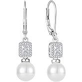 Inpasne Pearl Drop Earrings Dangling 925 Sterling Silver Emerald Cut Leverback Earrings Birthstone Jewelry for Women