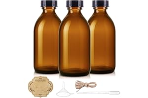 ELUMEIRO 8oz Amber Glass Bottle with Lids, 3 Pack Brown Empty Cosmetic Containers Leakproof Refilllable Sample Dispensing Bottles for Homemade Vanilla Extract, Essential Oils, Potion, Juice, Ginger Shots