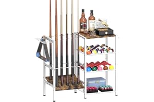 Tikimilor Pool Stick Holder for 10 Cue Sticks, Pool Cue Rack Floor Stand with 4-Tier Storage Shelf for Billiard Accessories, Billiard Equipment Organizer for Game Room Club or Men Cave, White