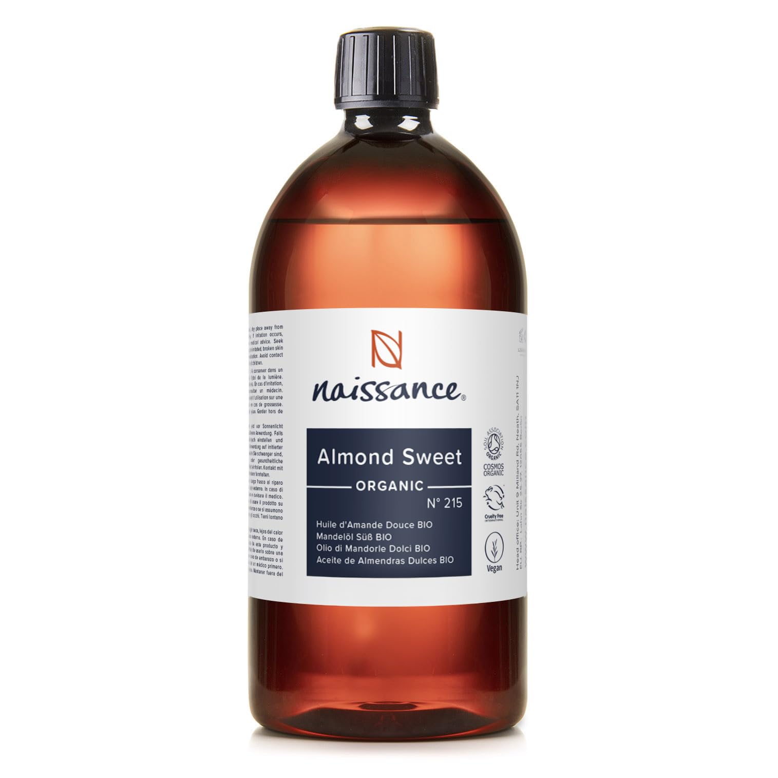 Naissance Organic Sweet Almond Oil (No. 215) 900ml - Cold Pressed and Unrefined - for Skin, Hair, Massage, Nails, Ears, Face, Body, Stretch Marks