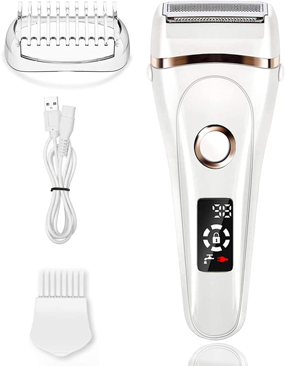 Electric Lady Shaver, Electric Razors for Women with LED Display Wet and Dry Trimmer Safety Lock Rechargeable Painless Hair Remover Razor for Arm Underarm Leg(White)