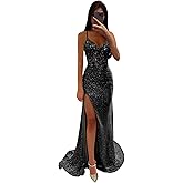 YMeiPaodw Women's Sequin Prom Dresses Long with Slit V Neck Mermaid Long Ball Gown Ruched Sparkly Formal Evening Gown