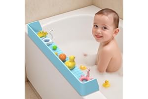 AyNirser Bathtub Splash Guard Play Shelf Over Tub for Kids 31” with 11 Strong Suction Cups, Silicone Tub Water Guards Toy Tray Holder No Mess Water Spill in Bathroom for Toddlers Baby-Blue