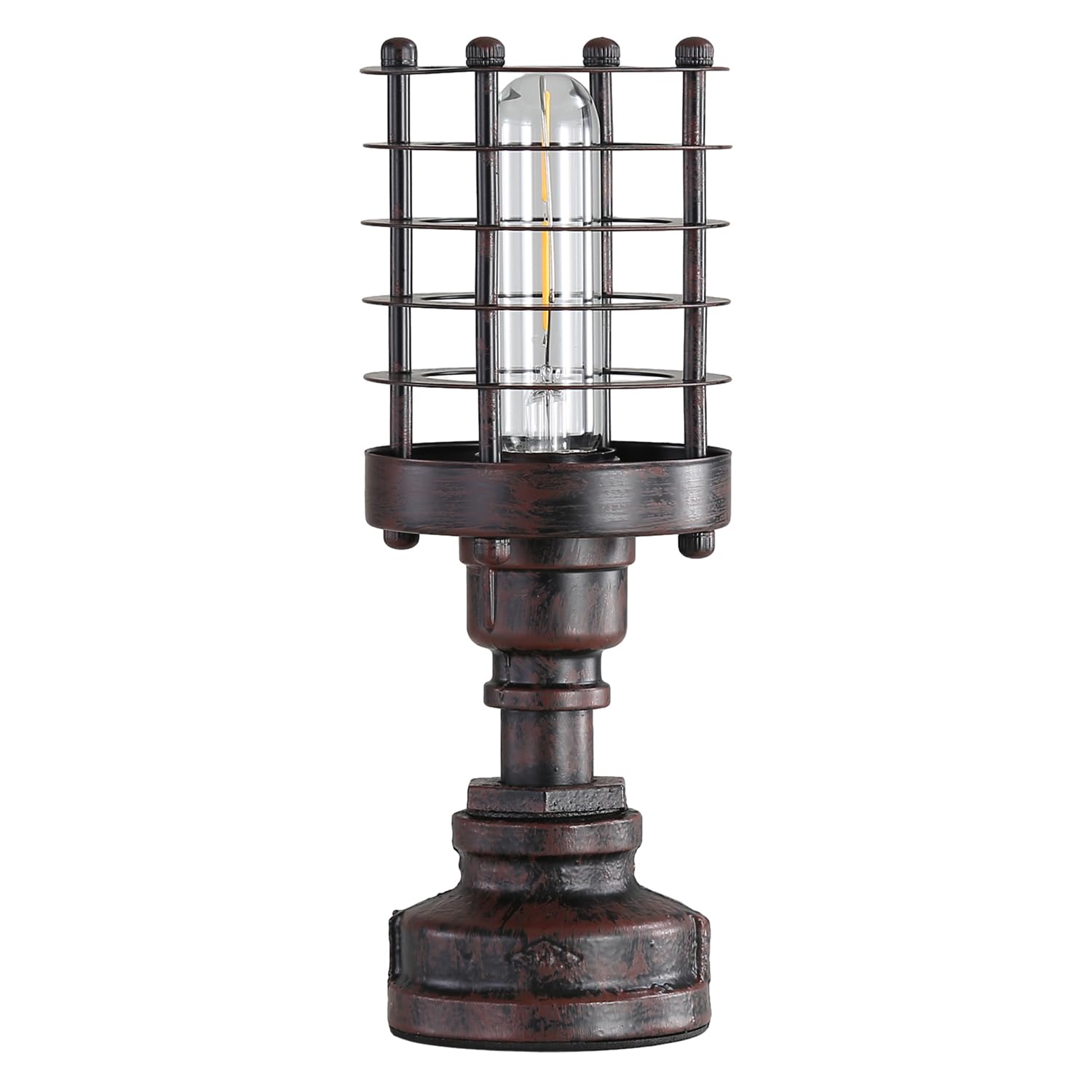 Kaj Hejmo Vintage Table Lamp with Lampshade Ring, Industrial Water Pipe Edison Desk Lamp, Steampunk Light E27 Bedside Table Lights Bedroom Living Office Home Decor (Upright Style, Cylinder-Rust)