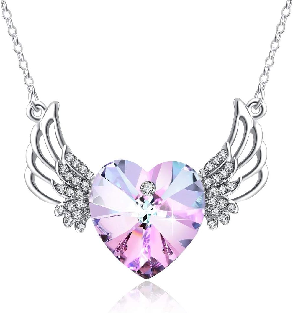 PLATO H Angel Crystal Necklace Angel Wing Necklace Love Heart Crystal Guardian Angel Pendant Necklace, Heart Wing Pendant Necklace, Guardian Heart Shape Angel Necklace, Gift Packaging