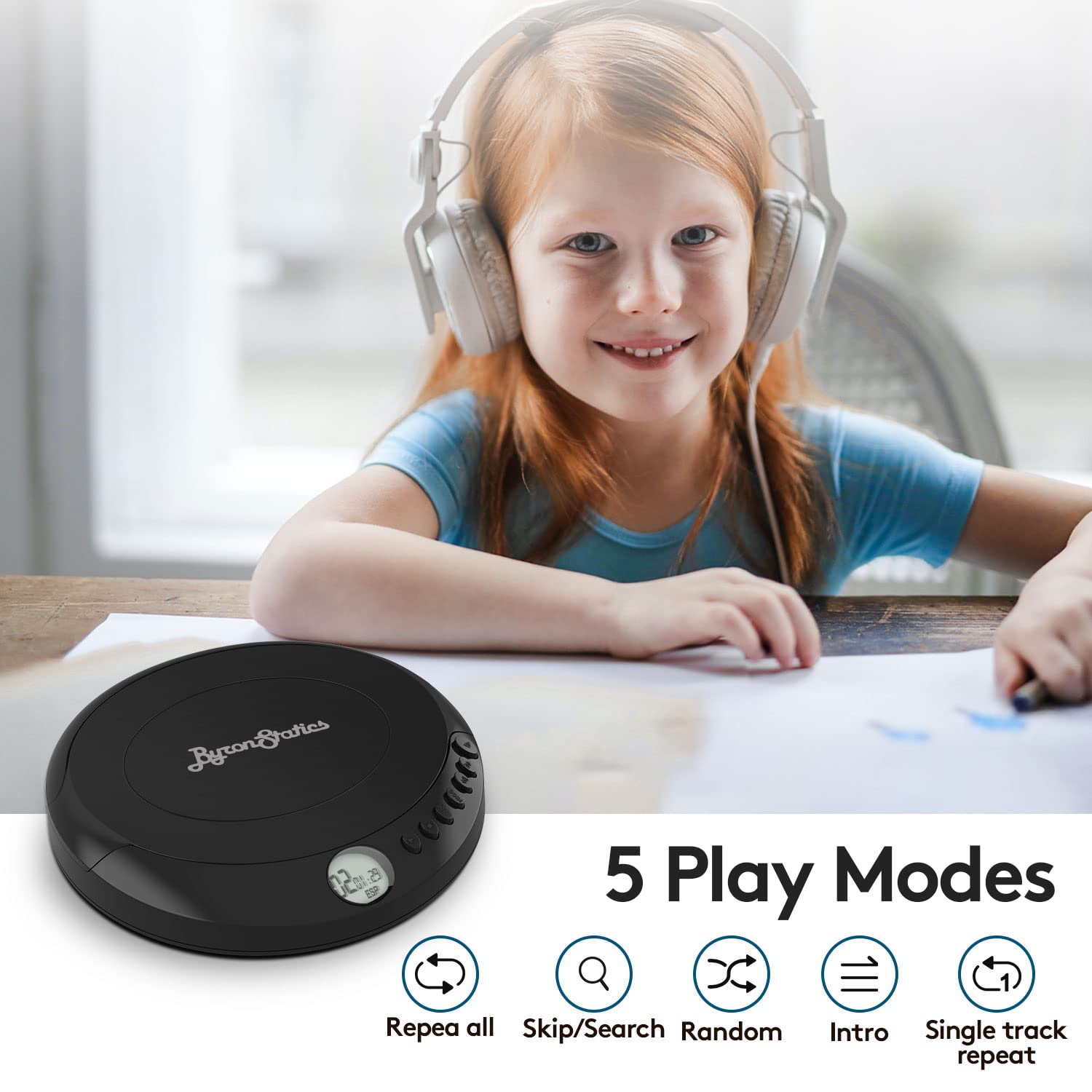 ByronStatics Portable Disc CD player, Personal Walkman Music CD Players Anti-Skip Shockproof Protection, Portable and Lightweight, Headphones Jack, Powered DC or 2XAA Battery - Black