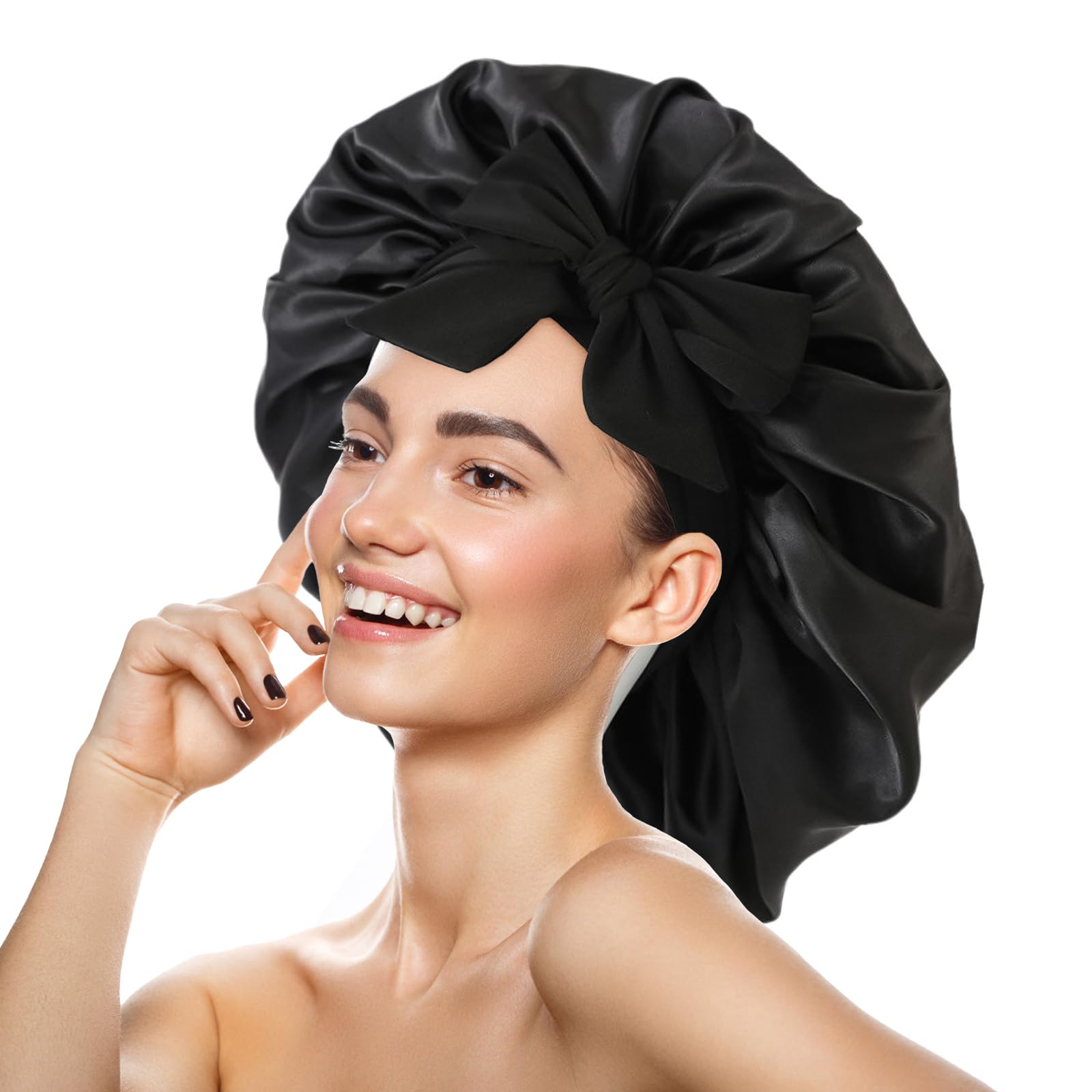 Satin Bonnet Satin Sleep Cap for Women Luxurious Nighttime Hair Protection Soft, Breathable, Double Layer Lined Ideal for Curly, Wavy, or Straight Hair Black