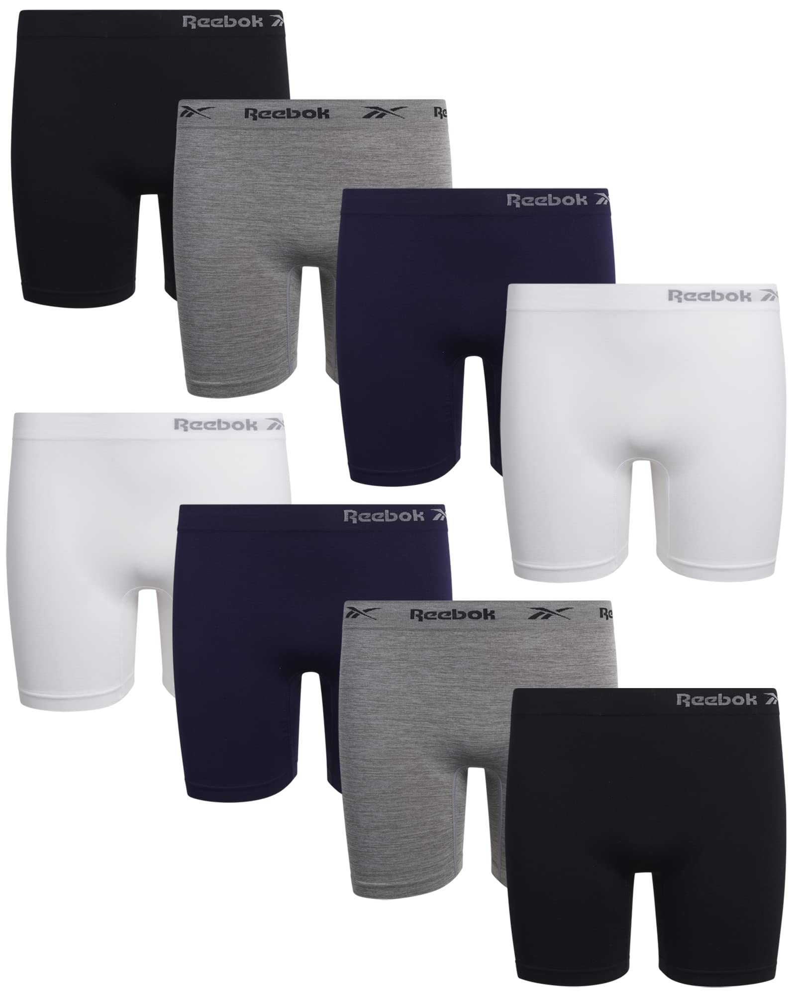 Photo 1 of **PARTIAL SET ONLY 4 ** Reebok Girls' Boyshorts Underwear - 8 Pack Soft Seamless Long Leg Boy Shorts - Playground Shorts for Girls (6-16), Size 8-10, Grey/Black/White/Blue