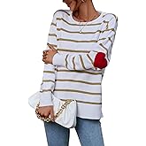 shermie Womens Stripes Sweaters Long Sleeve Crewneck Elbow Patch Cute Heart Pullover Sweater