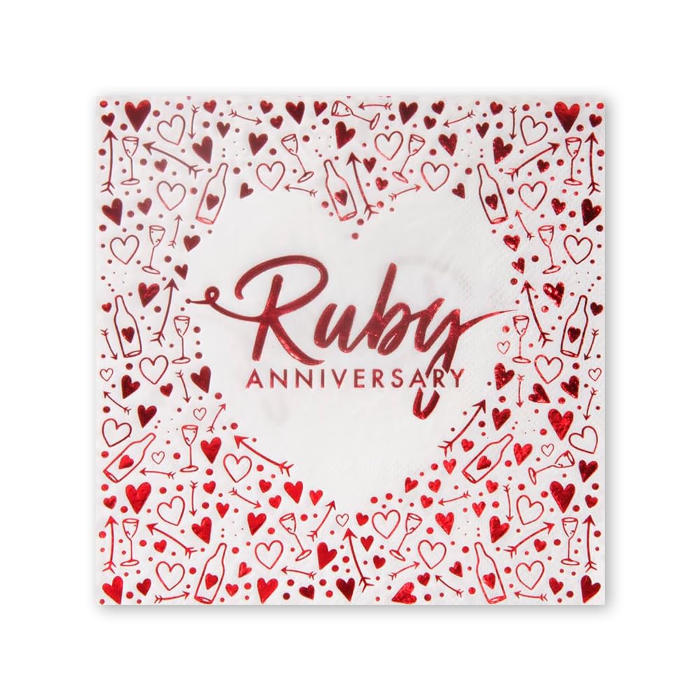Anniversary House Ruby 40th Anniversary Lunch Napkins | Pack of 16 | 3 ply | 33 x 33cm | Foil Stamped | Table Decoration, Ruby Anniversary Decoration, Disposable Party Serviettes Napkins, J043