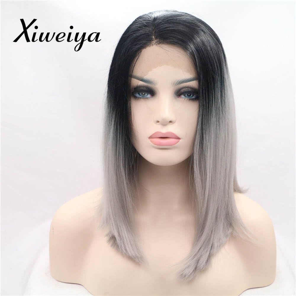 Xiweiya Short Silver Grey Lace Front Wig with Dark Roots Mixed Ombre Platinum Silver Bob Synthetic Wig Middle Part Heat Resistant Fiber Wig for women 14inch