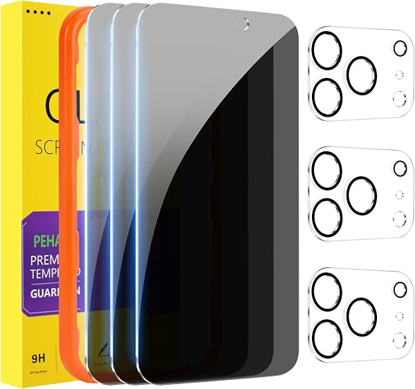 PEHAEL 3+3 Pack for iPhone 17 Pro Max Privacy Screen Protector with Camera Lens Protector Full Coverage Anti-Spy Tempered Gla