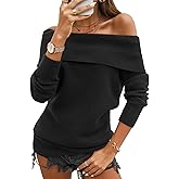 HOTIAN Womens Off Shoulder Sweaters Fall Winter Y2K Long Sleeve Ribbed Knit Pullover Going Out Tops Blouse
