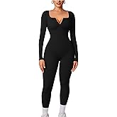 Aprilake Women's Sexy Ribbed Long Sleeve Bodycon Romper Scoop Neck Zip Front One Piece Jumpsuits