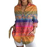 Women’s Colorful Floral Print Button Down Blouses Casual Loose Long Sleeve V Neck High Low Hem Shirts Tops
