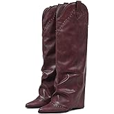 EQAUDES Women's Shark Studded Fold Over Knee High Boots Tall Pull-on Snip Toe Cowboy Cowgirl Slouch Boot Dress