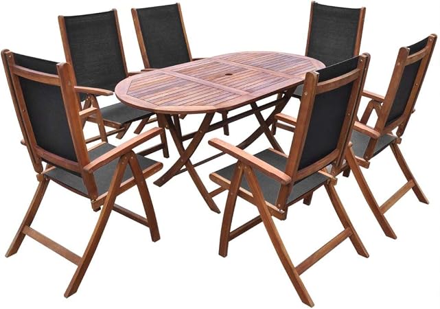 Yorten 7 Piece Outdoor Patio Dining Set 6 Seater Garden Folding Table Oval And Chairs Set Outdoor Furniture Set Solid Acacia Wood Amazon Co Uk Kitchen Home