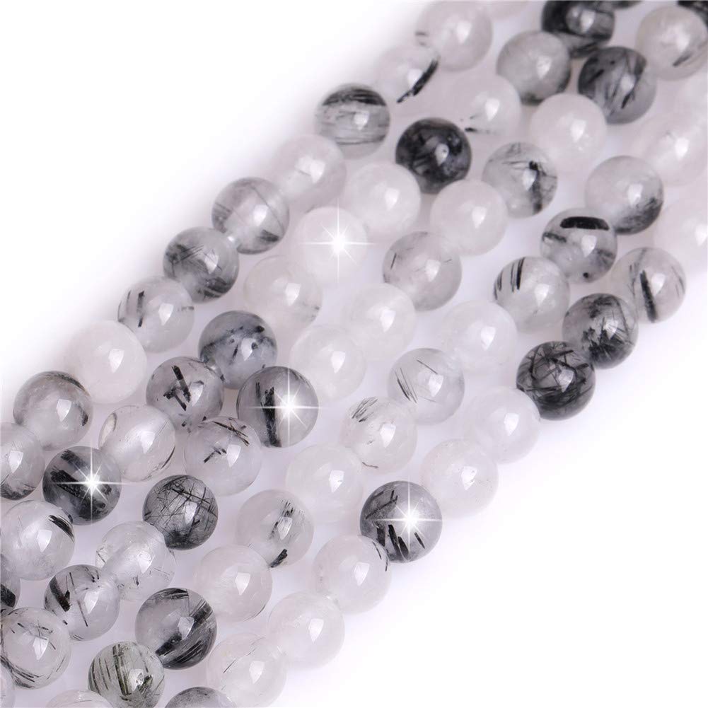Natural Black Rutilated Quartz Crystal Gemstone Semi Precious Round 6mm Loose Beads for Jewellery Making DIY Bracelet Necklace Crafts 15''
