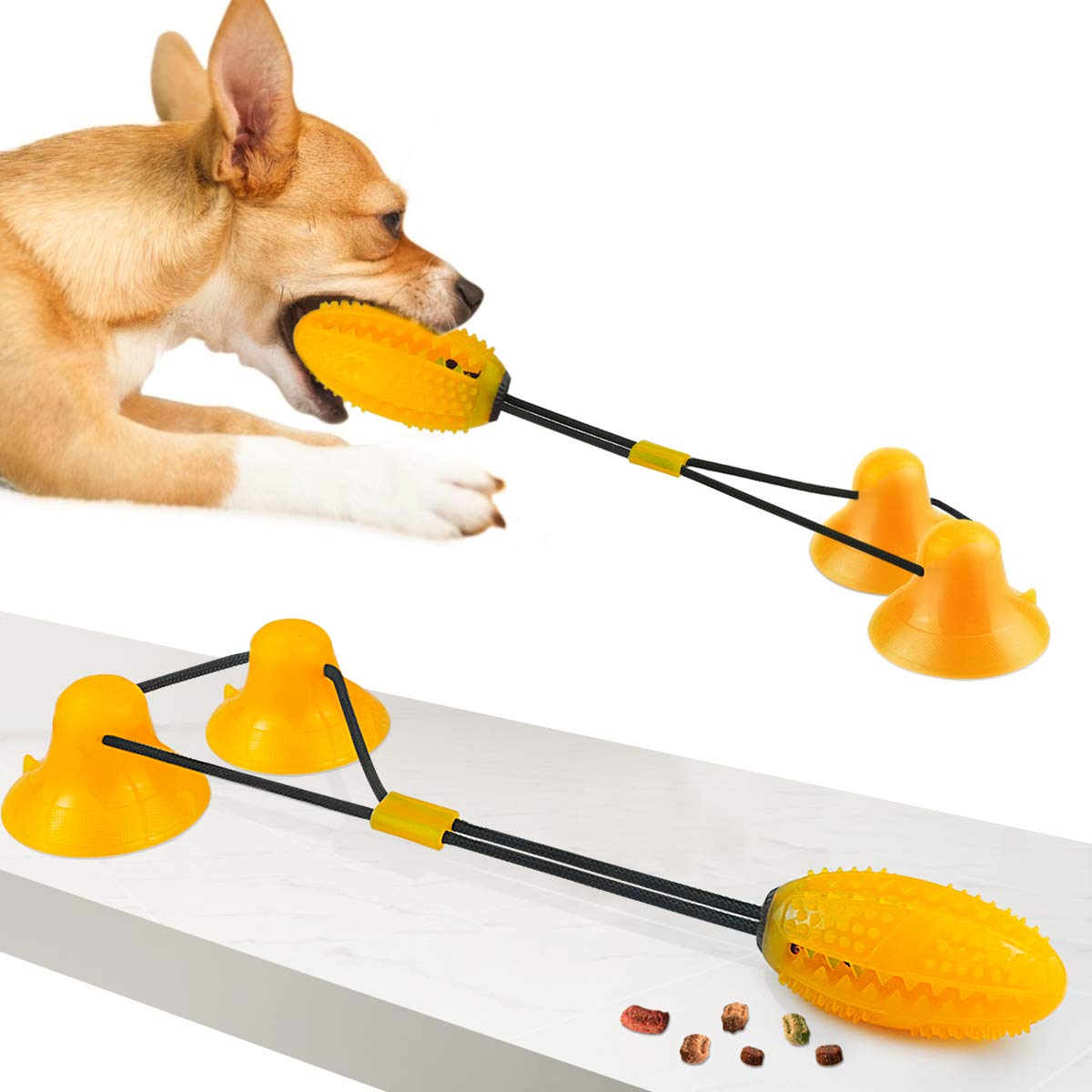 Pet Molar Bite Toy, Double Suction Cup Dog Toy Rubber Chew Toys Interactive Puppy Training Rope For Teeth Cleaning (Yellow)