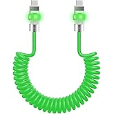 chubbycable Neon Chubby Neon Glow Coiled USB C Cable for Car 100W Fast Charging Spring Cable with Gradient Illumination Compatible with iPhone 17-15 Series, Green, Type-C to Type-C, 1.64FT-4.43FT