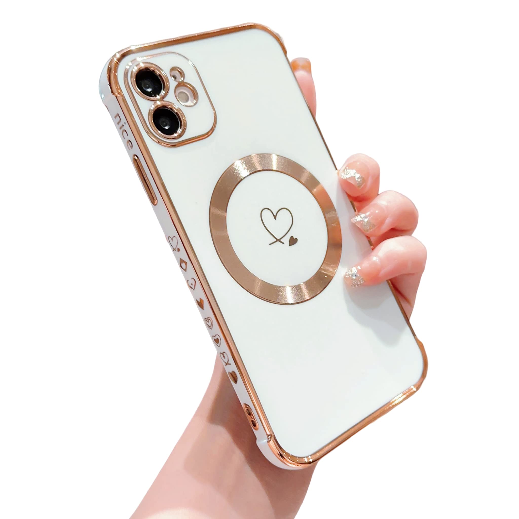 LRANKAI Compatible with Magsafe Case for iPhone 11,Love Heart Pattern Electroplated Design Soft TPU Shockproof Protective Full Camera Lens Protection Magnetic Case for iPhone 11-White