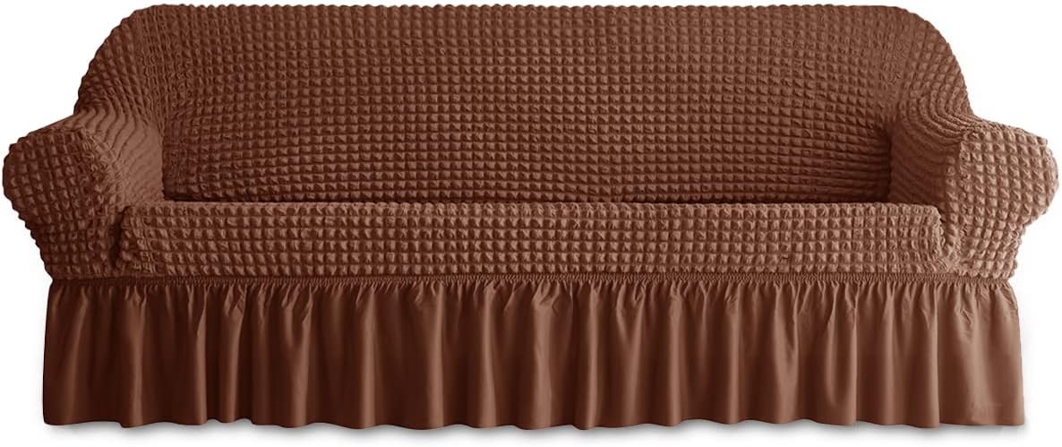 Slipcovers - BLUESURGE Sofa Slipcover 1 Piece for 3 Cushion Couch Cover with Skirt, Durable Washable High Elastic Stretchable, Easy Fit Universal Furniture Protector (3 Seater, Brown)