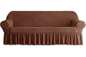 BLUESURGE Sofa Slipcover 1 Piece for 3 Cushion Couch Cover with Skirt, Durable Washable High Elastic Stretchable, Easy Fit Universal Furniture Protector (3 Seater, Brown)