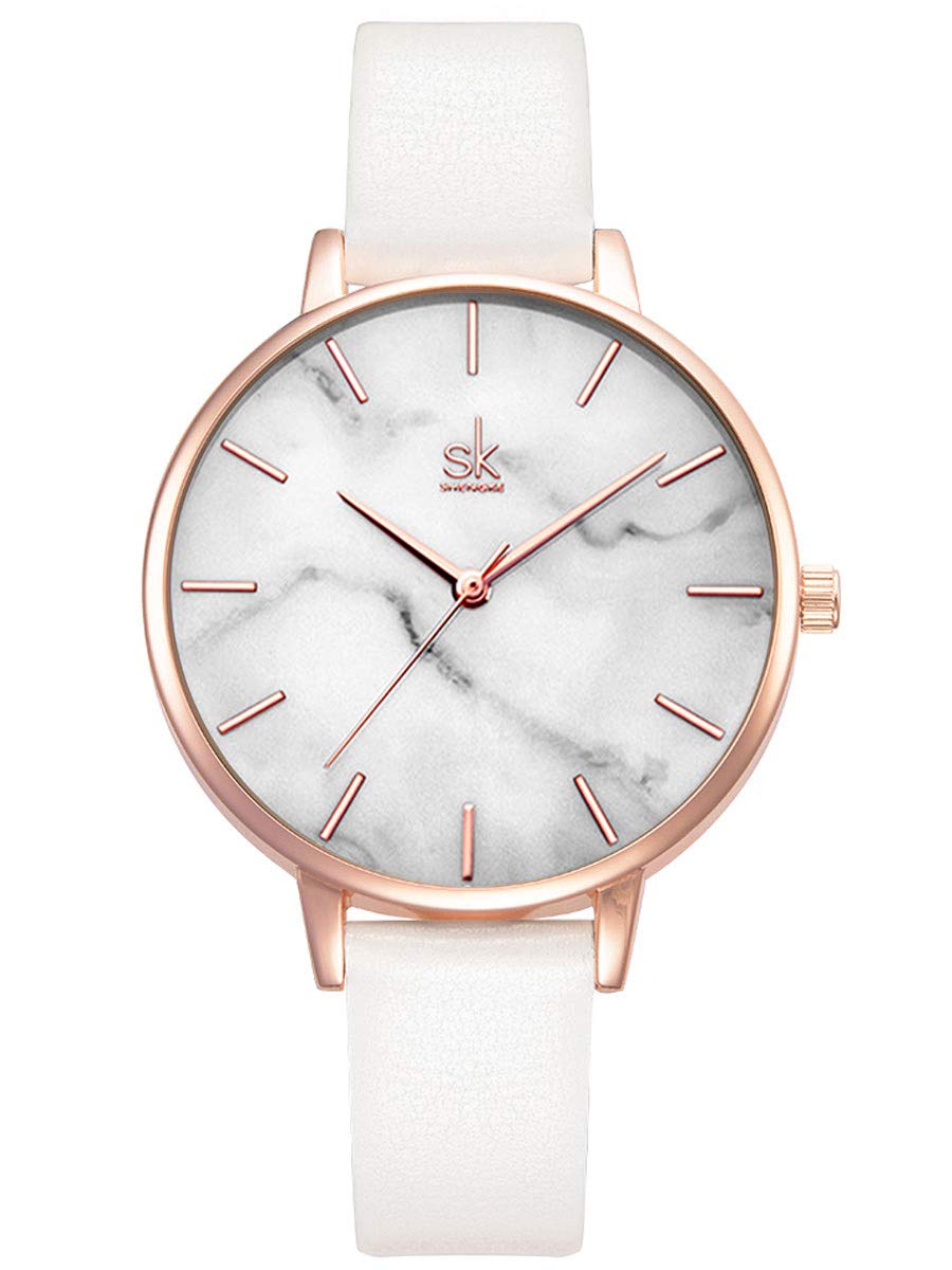 Alienwork Women's Watch Rose Gold Leather Strap White Ultra-Thin Elegant