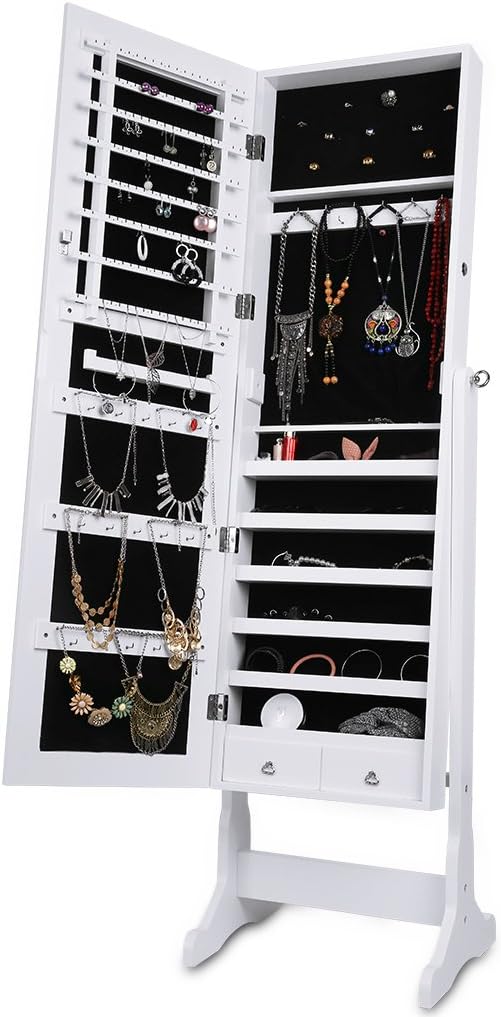 LANGRIA Espejo Joyero, Armario para Joyas, Lacado Blanco y Terciopelo Negro Interior, Regalo Ideal para los Cumpleaños y Navidad (Con 2 Cajones)