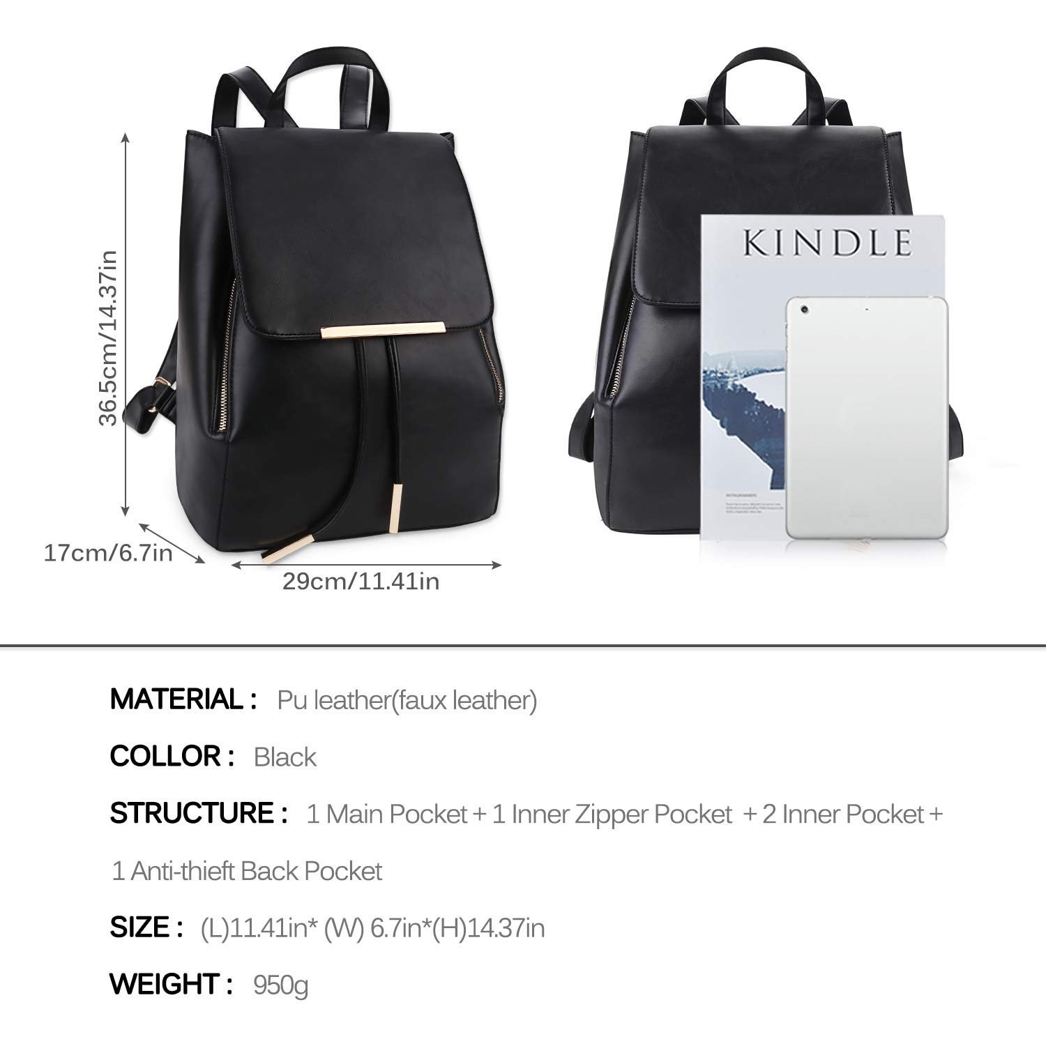 coofit black faux leather backpack