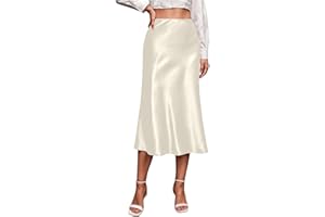 Womens Satin Midi Skirt with Side Zipper - Solid High Waist Slip Skort, Elegant Knee-Length Silk Skirt for Dinner