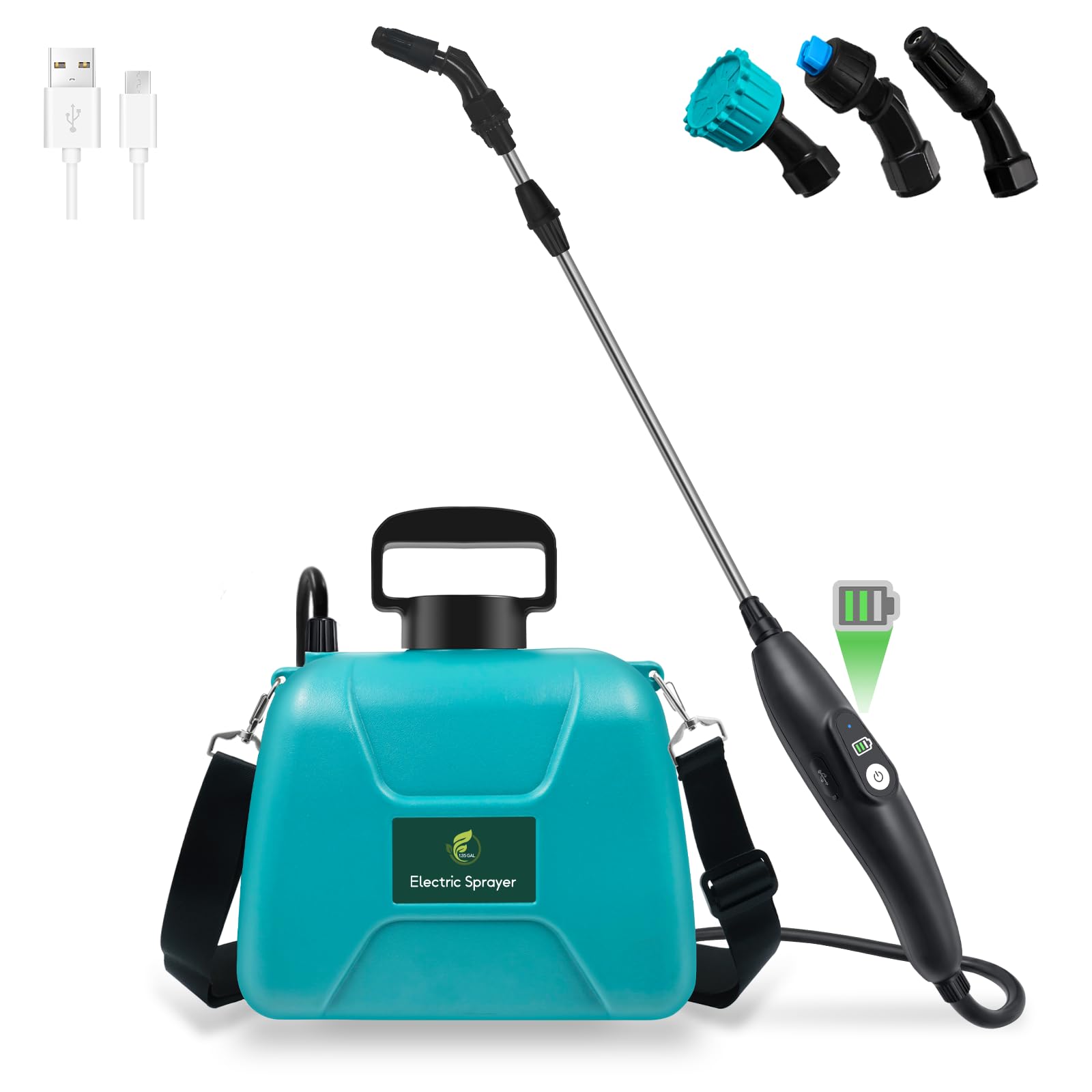 Photo 1 of 1.35 Gallon Battery Powered Sprayer, Electric Garden Sprayer with Rechargeable Handle, 3 Mist Nozzles, Retractable Wand, Water Pump Sprayer with Adjustable Shoulder Strap for Yard, Lawn and Garden