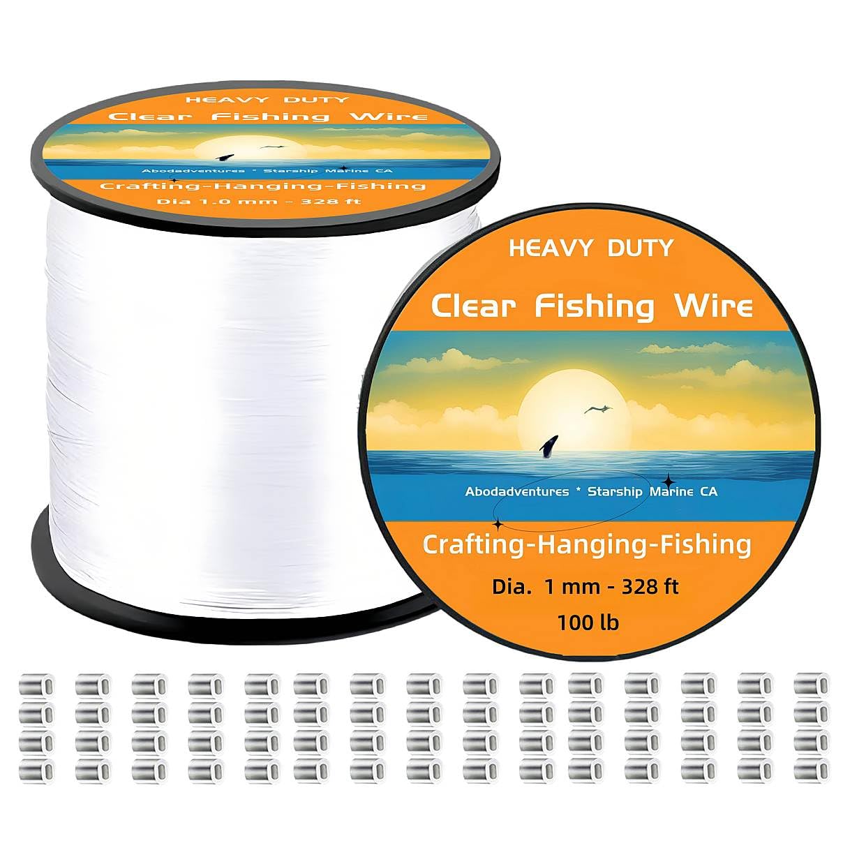Photo 1 of Aboda Heavy Duty Fishing Line 1mm 100lb Test 328 Ft Value Pack with Crimp Sleeves, Clear Monofilament Fishing Line - Strong Invisible Fishing Wire for Crafts, Hanging Decorations, and Pictures