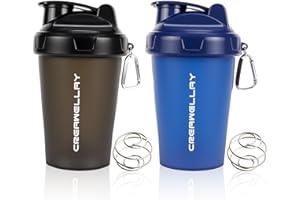 CREAWELLAY 2 Pack Shaker Bottles for Protein Mixes, 17 oz Small Protein Shaker Bottle with Handle, Gym Shaker Cups with Blending Ball for Pre Workout, BPA-Free & Dishwasher Safe (Black, Blue)