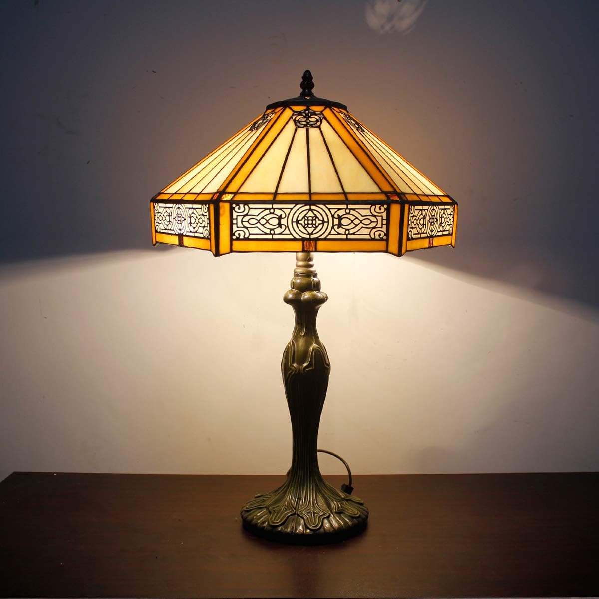 Tiffany Lamp Yellow Hexagon Stained Glass Mission Style End Coffee Table Lamps Bookcase Reading Lighting Lampshade Antique Base W16 H24 Inch Living Room Bedroom Bedside Desk S011 WERFACTORY - Image 3