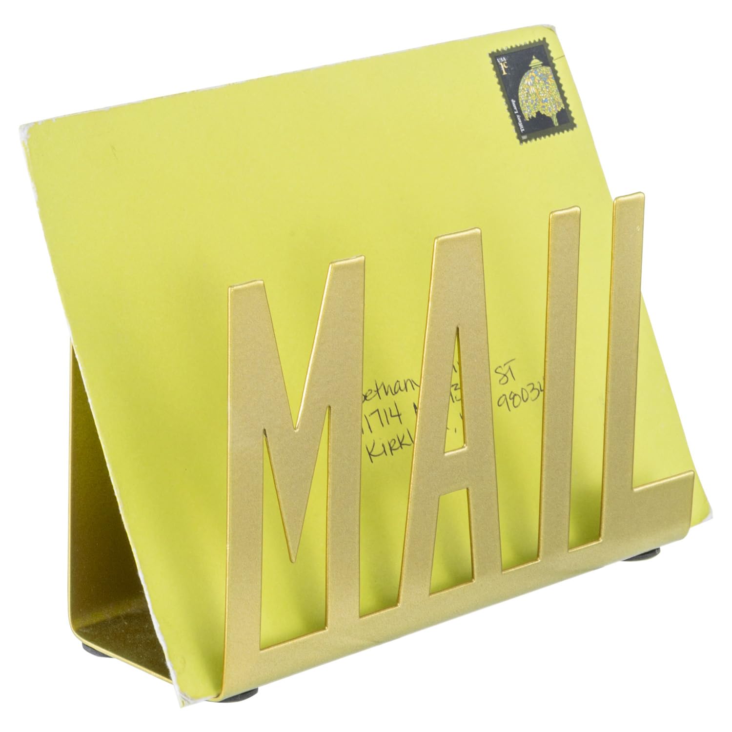 Photo 1 of MyGift Modern Black Metal Mail Holder Countertop Organizer with Cutout Mail Lettering Design, Office Desktop Envelope and Document Storage Rack (Golden)