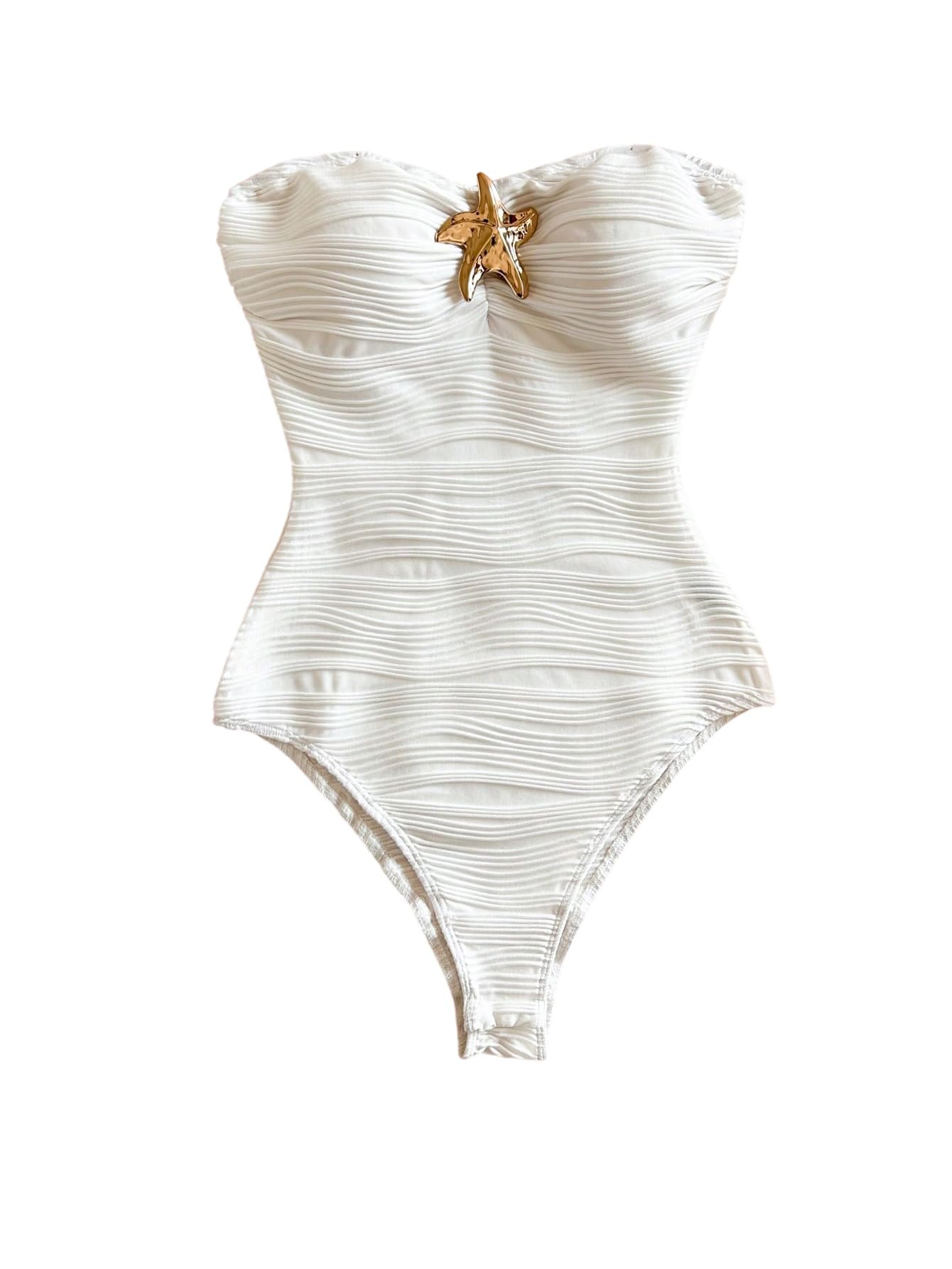 Photo 1 of GORGLITTER Women's Strapless One Piece Swimsuits Metal Star Tummy Control Bathing Suit White Small
