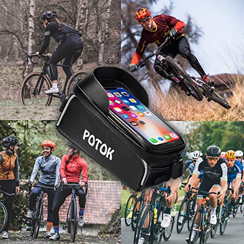 Potok Bicycle Phone Mount Bag, Waterproof Front Frame Bike Bags Sensitive Touch Screen Large Capacity Sun Visor Top Tube Bike Bag Compatible with iPhone Xs Max/ 8Plus, Galaxy Note 9